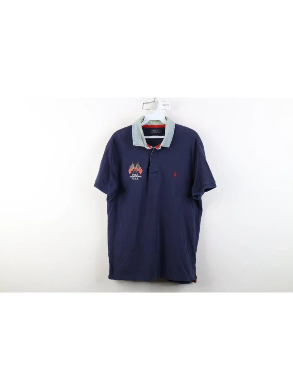 Vintage Ralph Lauren Mens Large Chambray Collar USA Flag Rugby Polo Shirt Blue